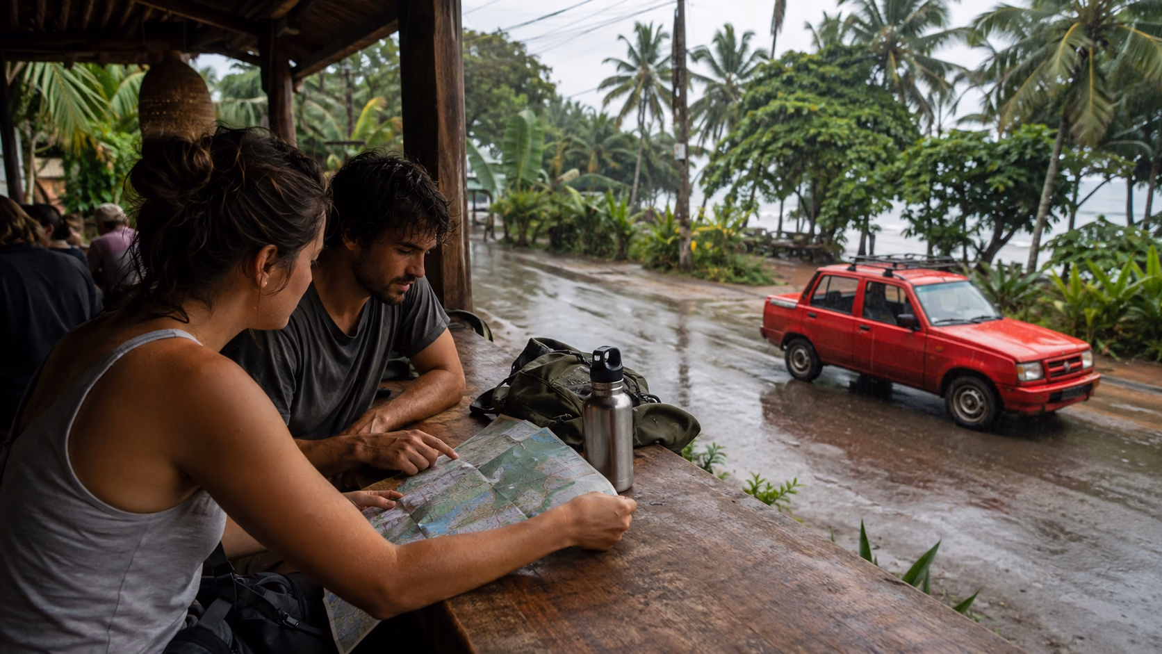 Viajeros ajustando su itinerario bajo techo durante una lluvia tropical