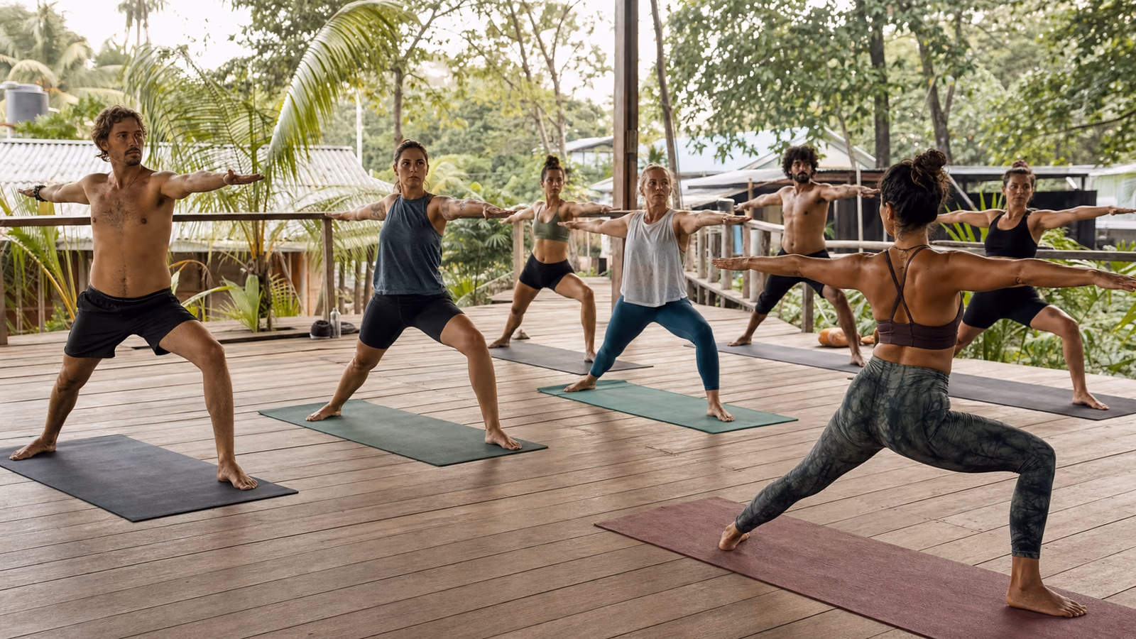 Mixed group following a yoga teacher on an open-air wooden deck in Santa Teresa