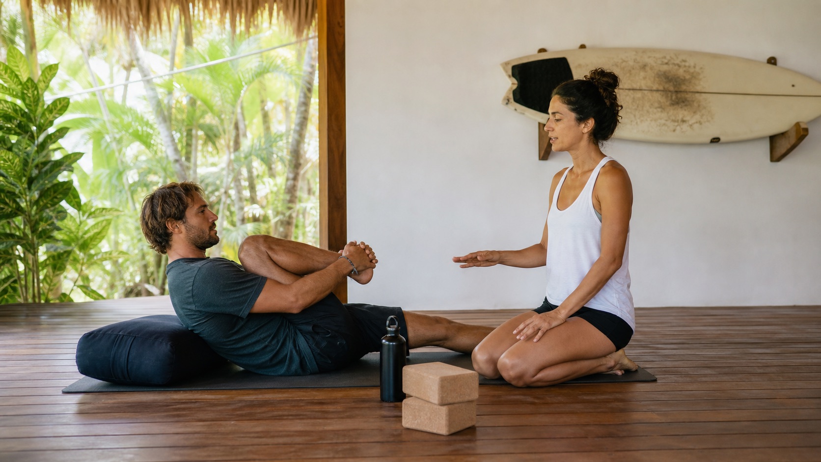 Surfista practicando recuperación suave con una instructora de yoga