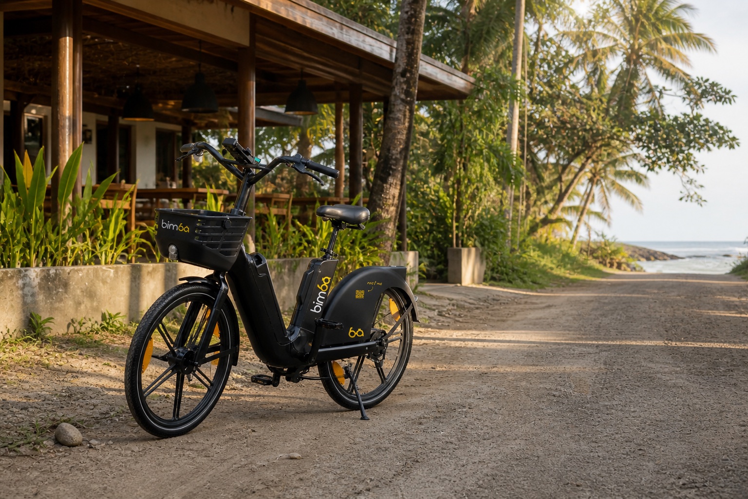 Exact-model Bimba electric bike parked near a tropical cafe in Playa Carmen