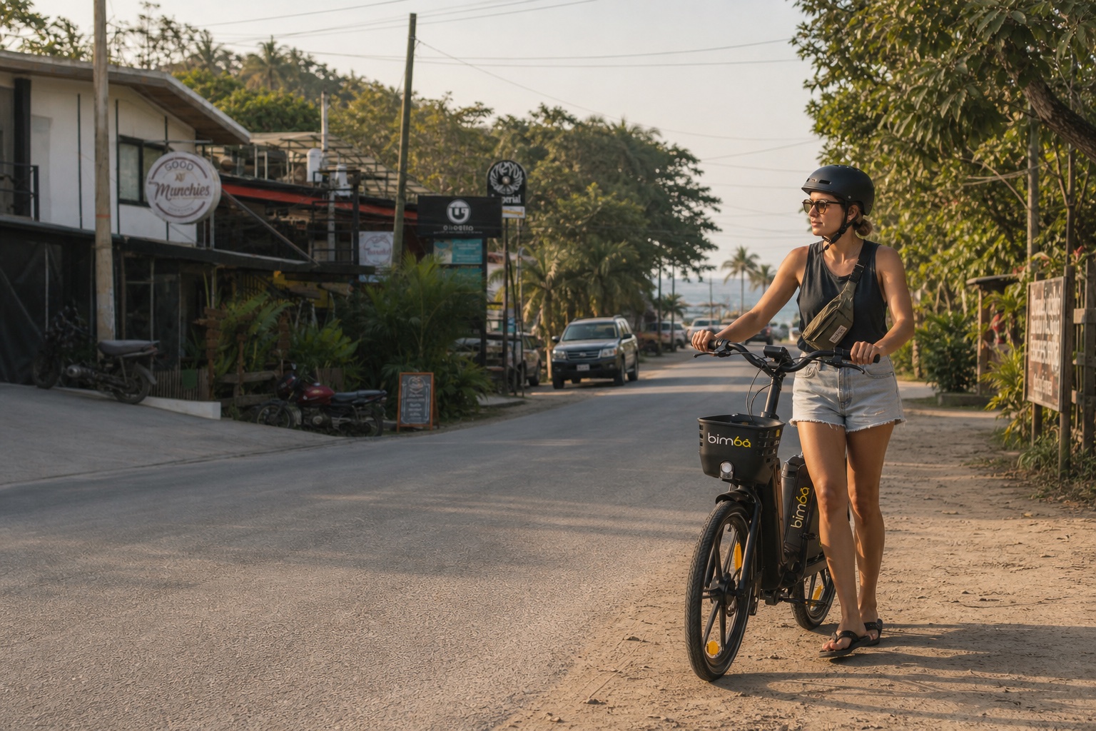 Traveler walking an exact-model black Bimba electric bike on Santa Teresa's main road