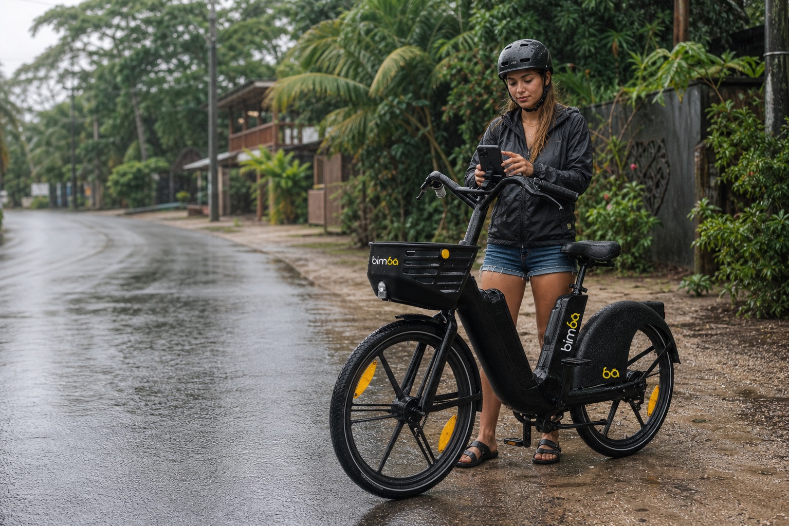 Bimba electric bike and helmeted rider beside a wet Santa Teresa road