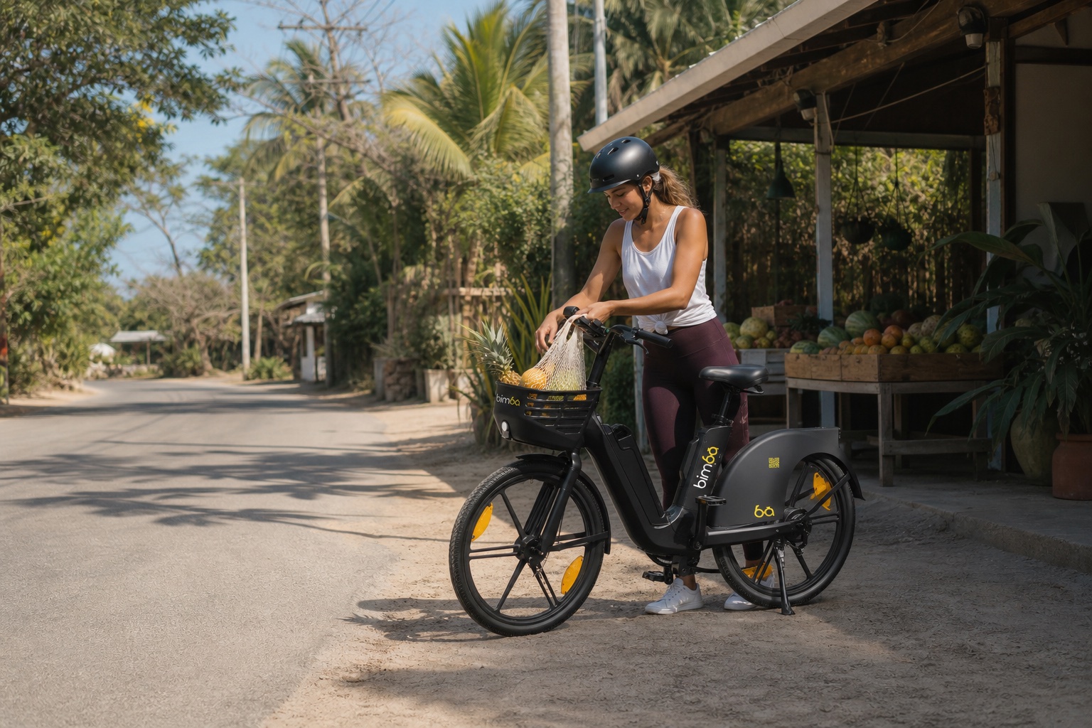 Helmeted Bimba rider loading fresh produce into the front basket in Santa Teresa
