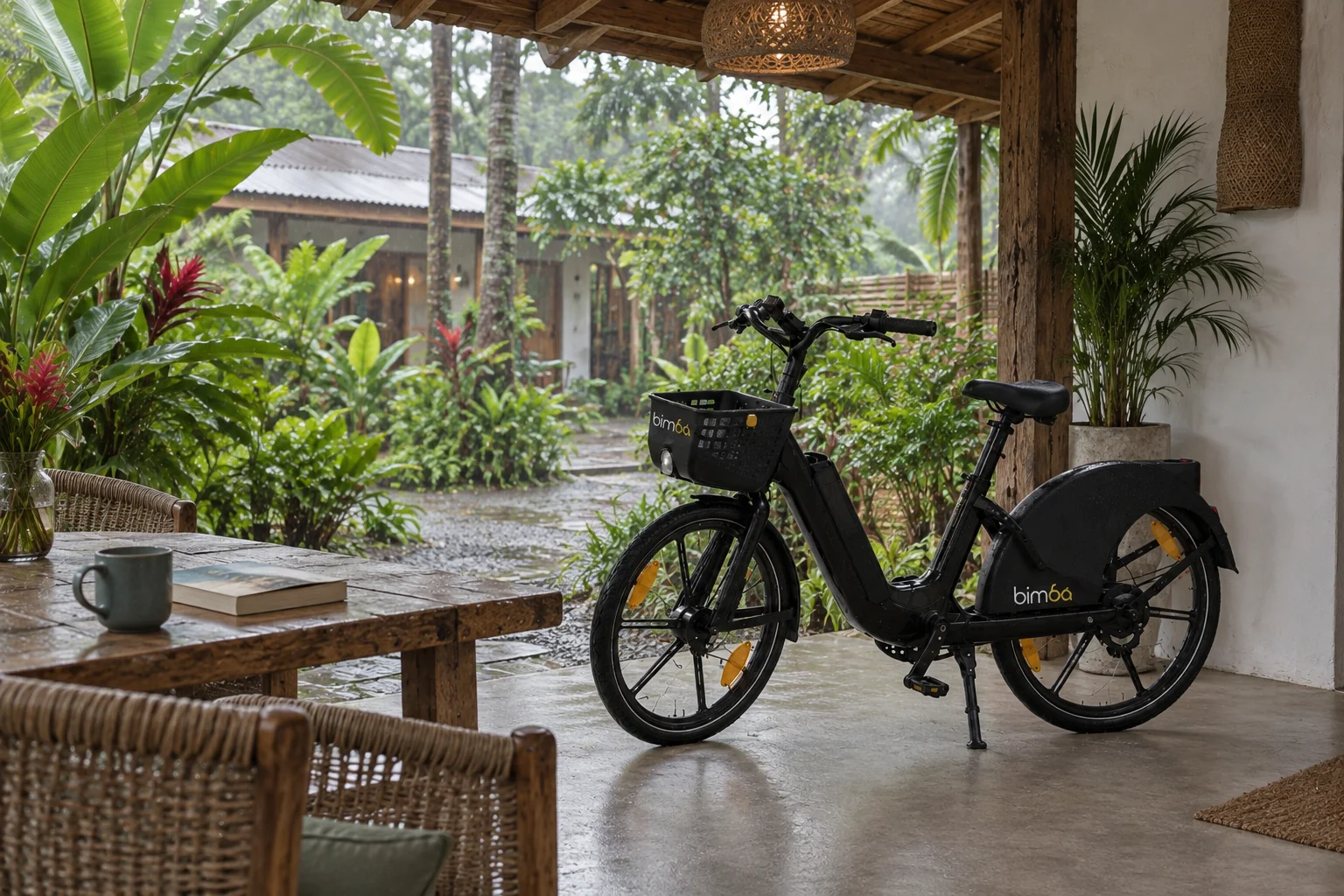 Bimba bicycle parked under a covered veranda beside a tropical courtyard