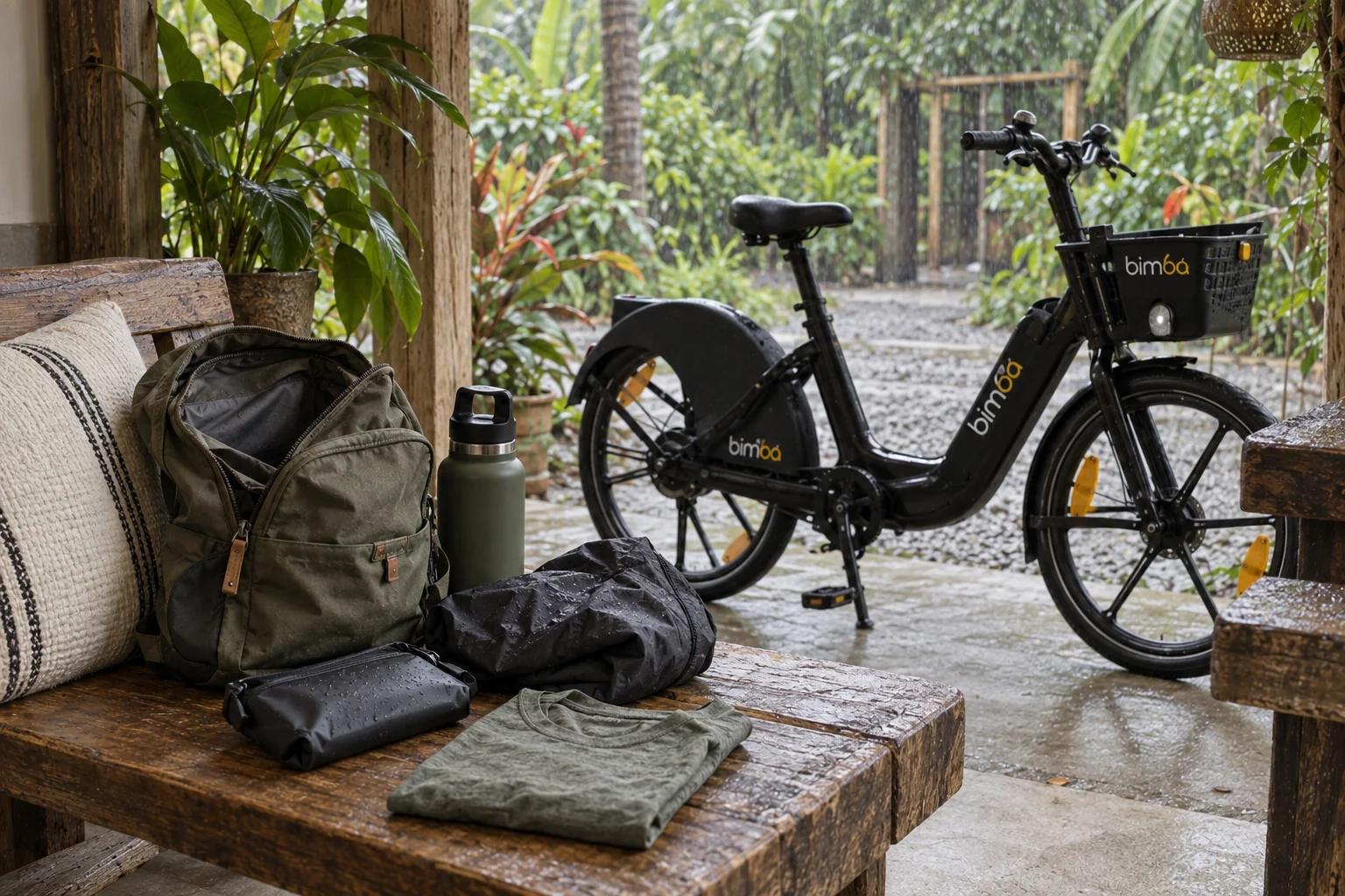 Rain jacket, waterproof pouch and day bag on a bench with a Bimba bicycle nearby