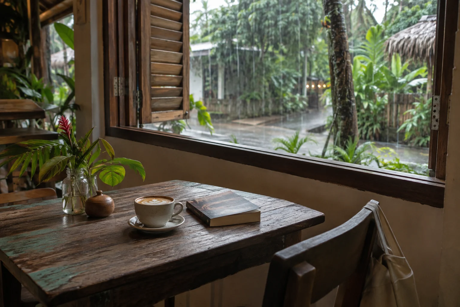 Coffee and a book beside a café window on a rainy afternoon