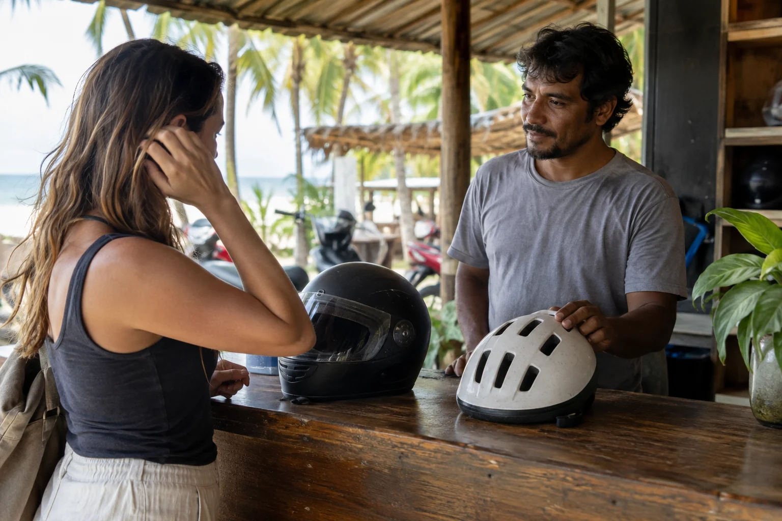 Helmets on a rental counter as a traveller discusses equipment