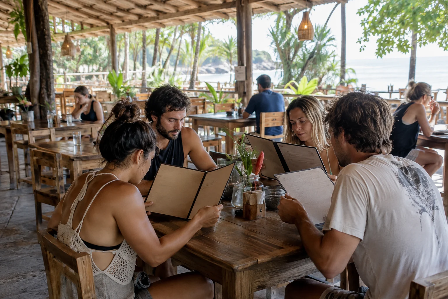 Diners choosing lunch at an open-air restaurant