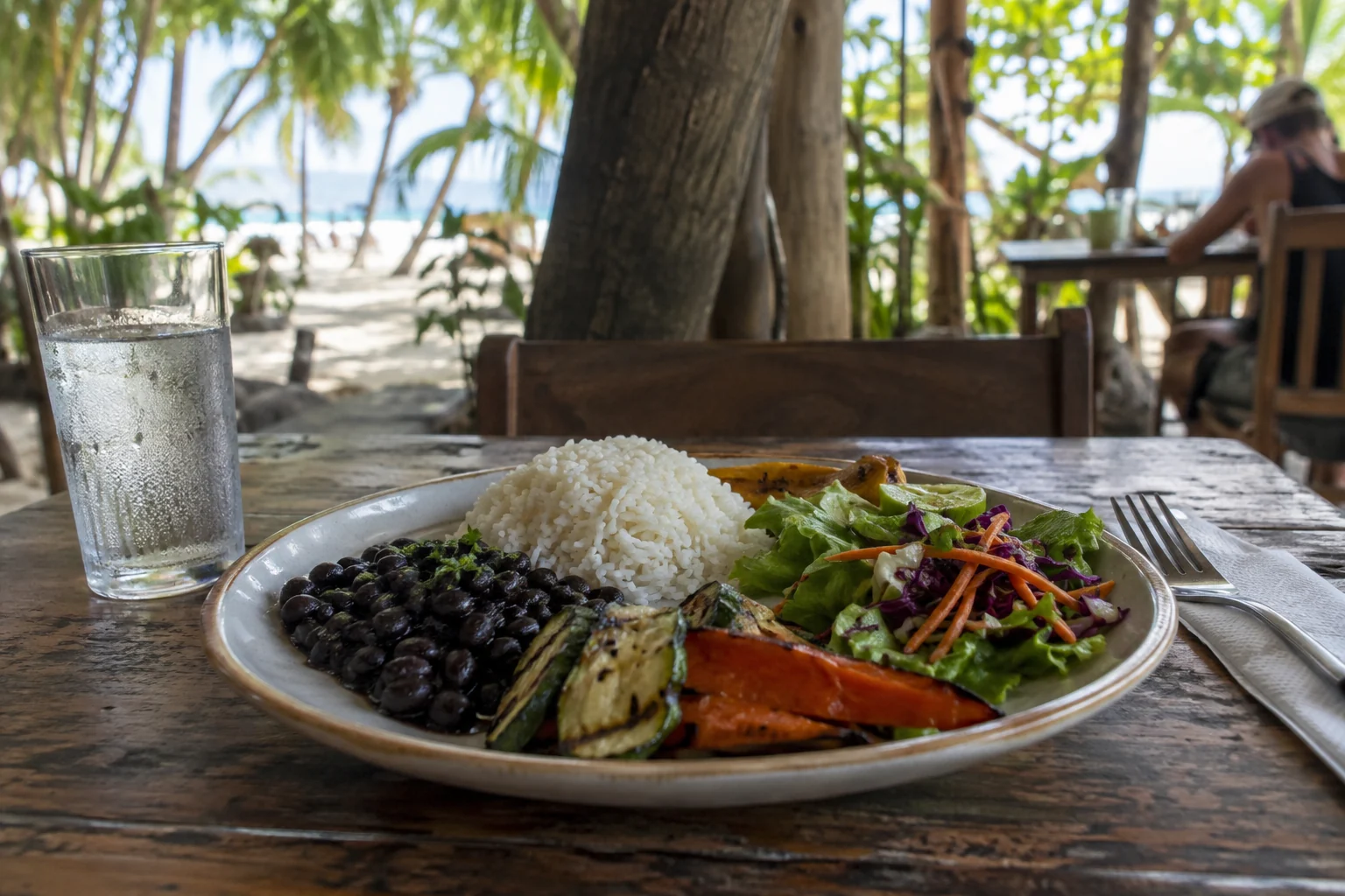 Almuerzo completo con arroz, frijoles, vegetales y agua