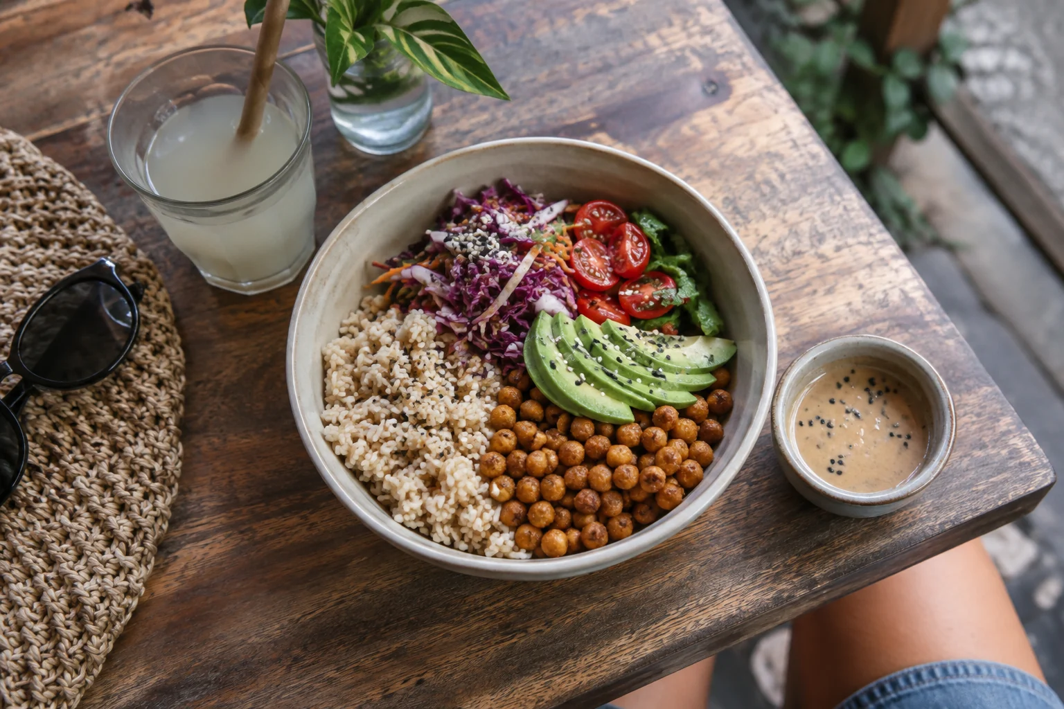 Bowl vegetal con garbanzos, verduras y aderezo servido aparte