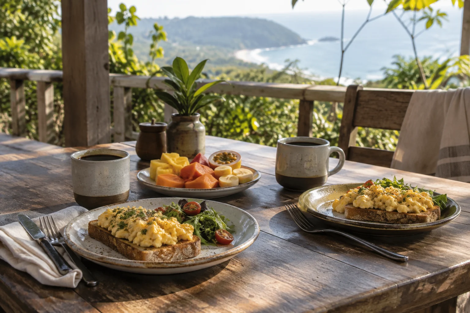 Desayuno con tostadas, fruta y café en una terraza sombreada