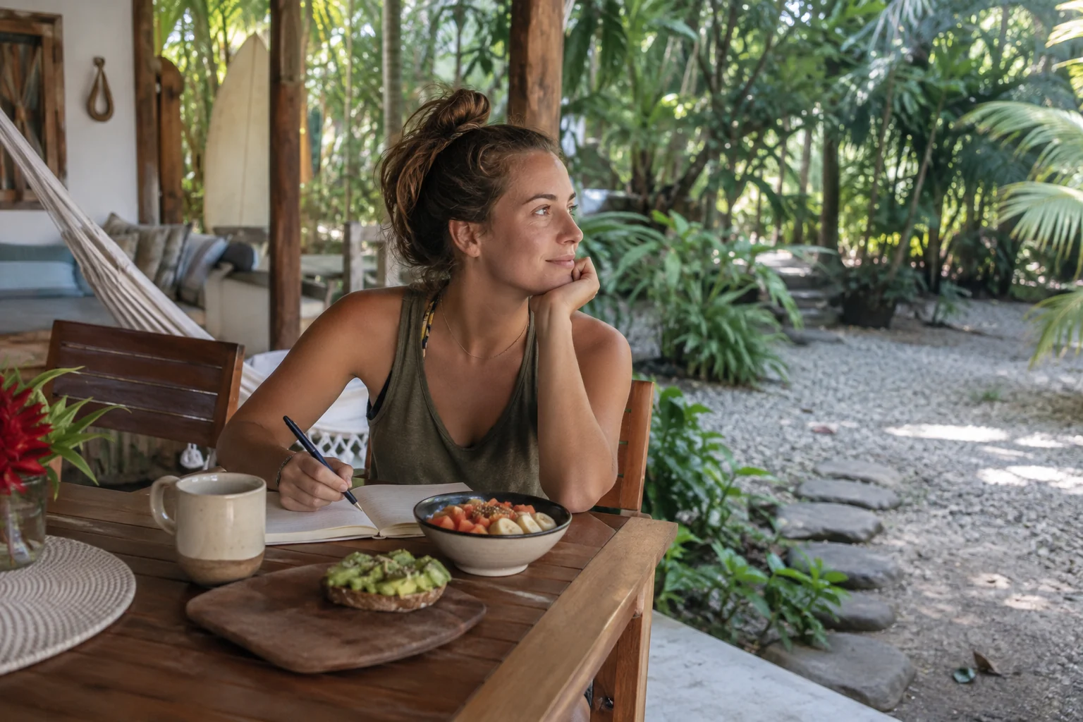 Solo traveller planning the day over breakfast