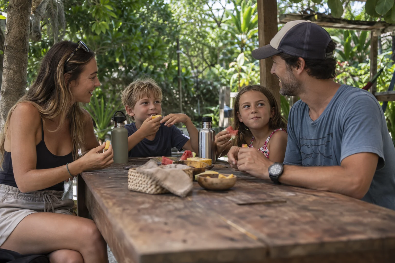 Familia tomando un refrigerio en un jardín sombreado