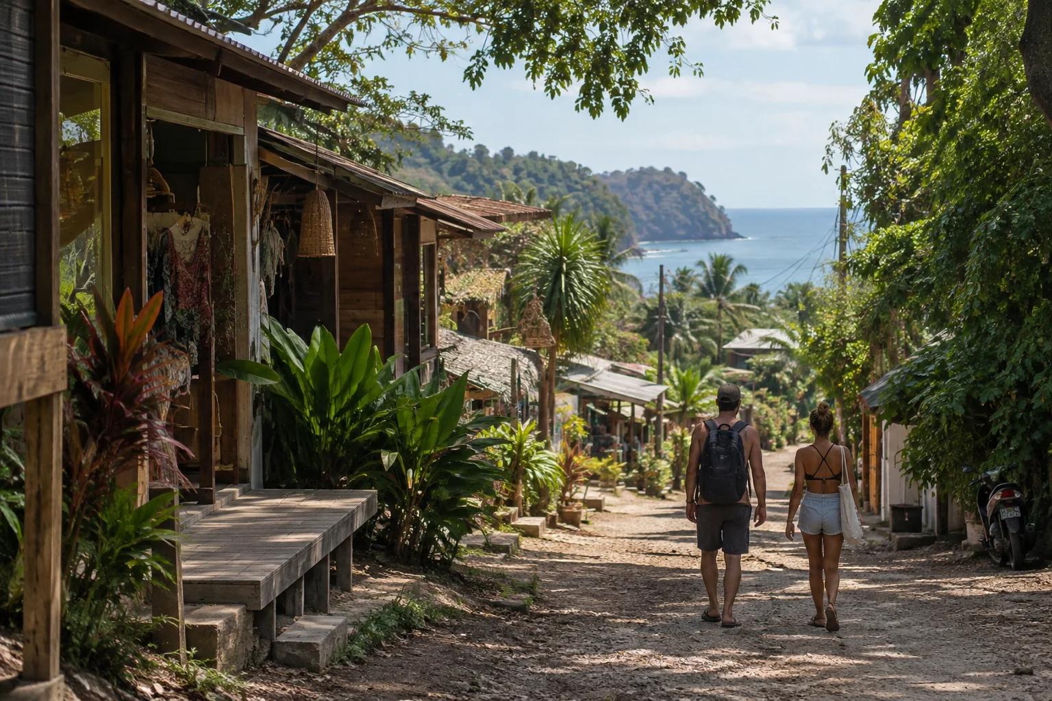 Viajeros caminando por un pequeño pueblo costero
