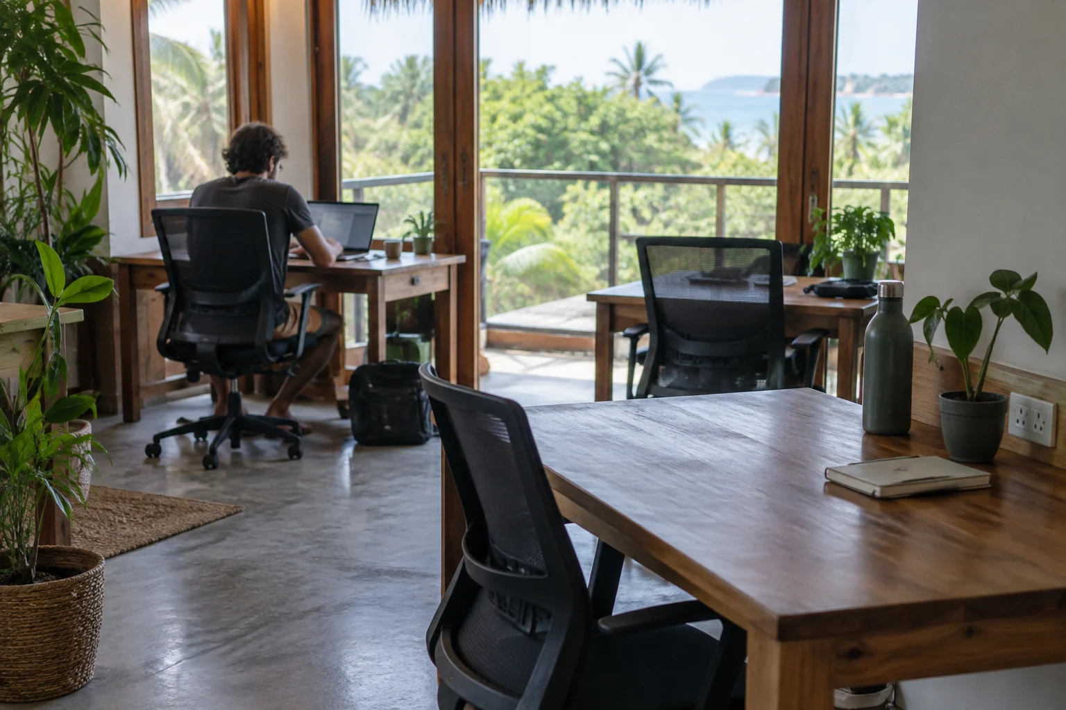Escritorios en una sala tranquila de coworking tropical