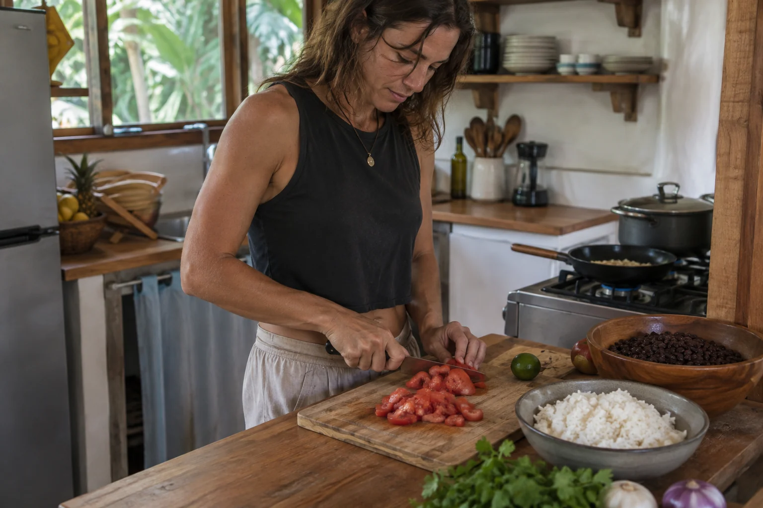 Simple meal preparation in a compact rental kitchen