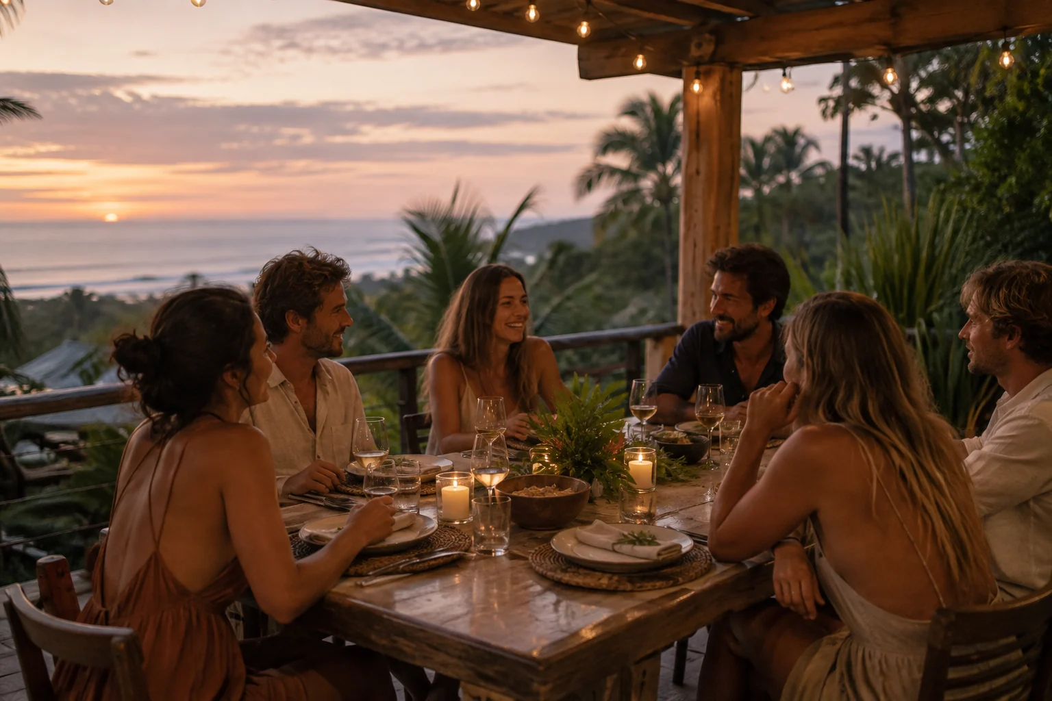 Holiday dinner table set on a tropical veranda