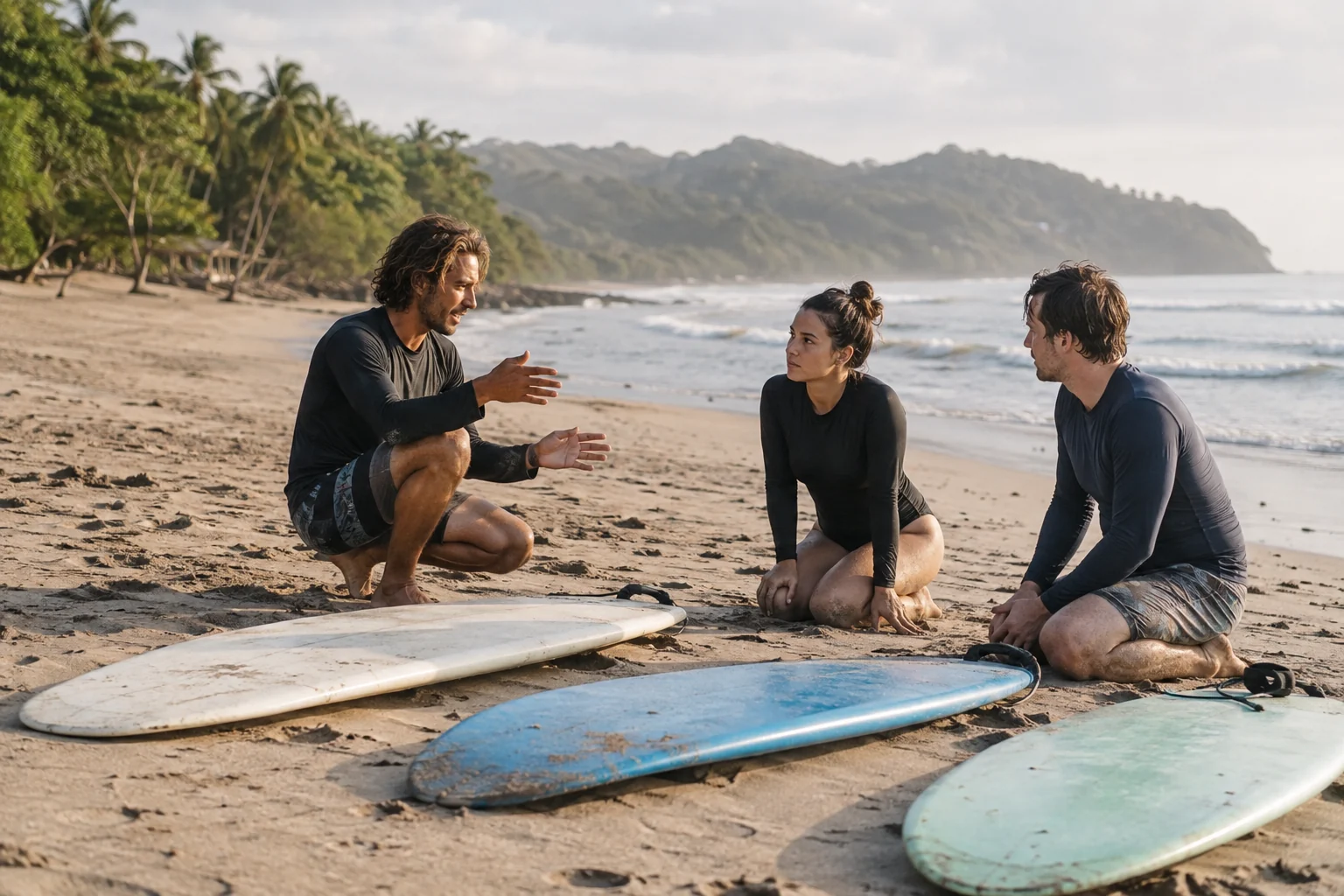Instructor explaining a surf lesson to two adult beginners on the beach