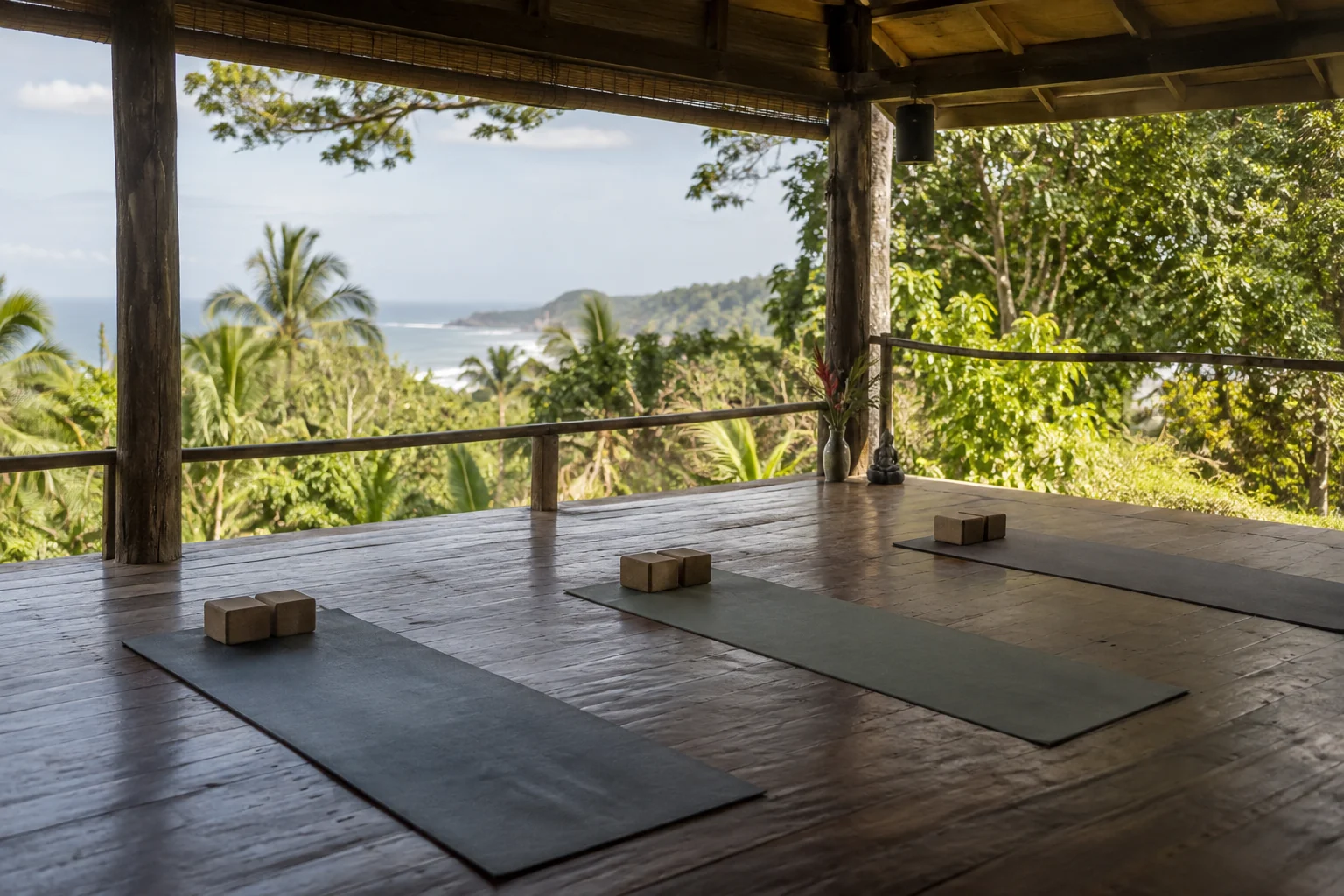 Esterillas y bloques de yoga en un estudio tropical abierto