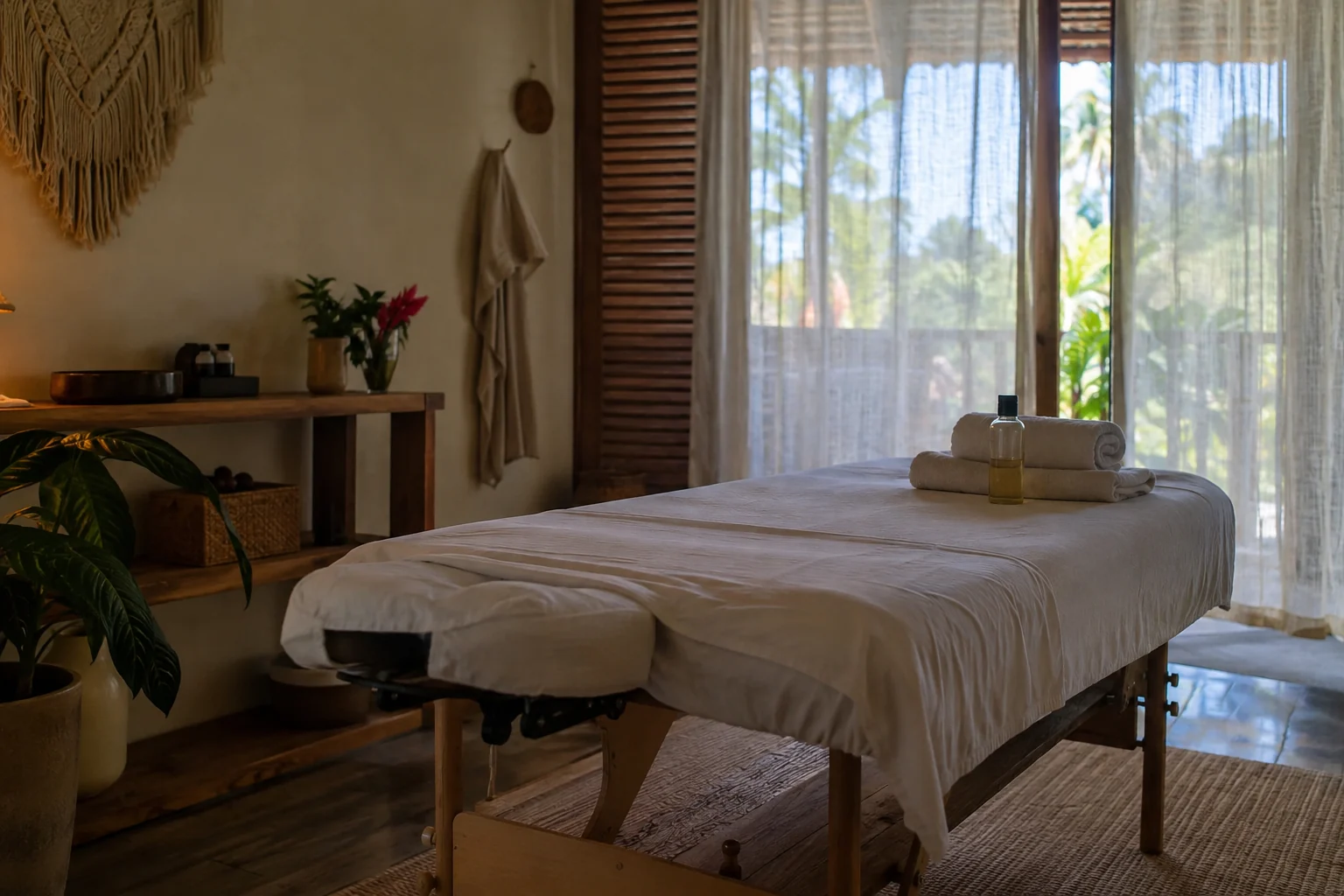 Prepared massage table with clean towels in a quiet treatment room