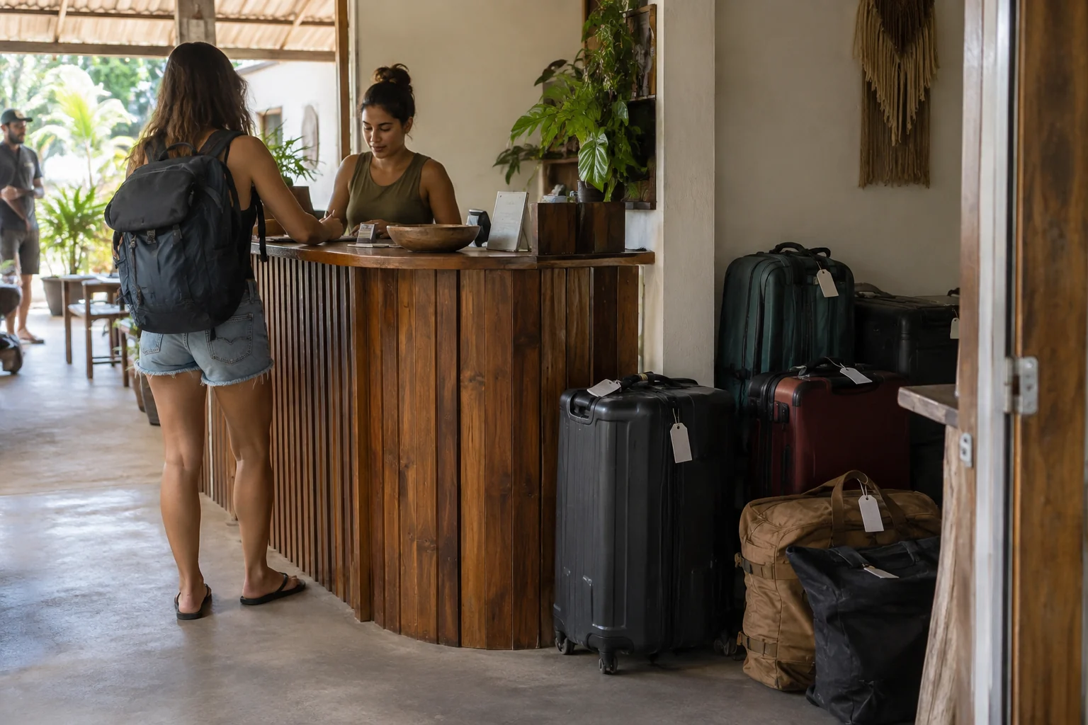 Suitcases stored beside a guesthouse reception desk