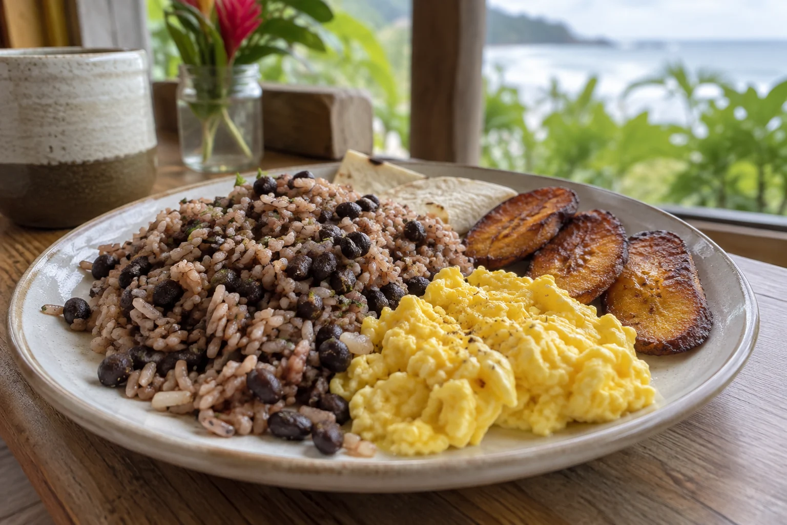 Gallo pinto servido con huevos y plátano