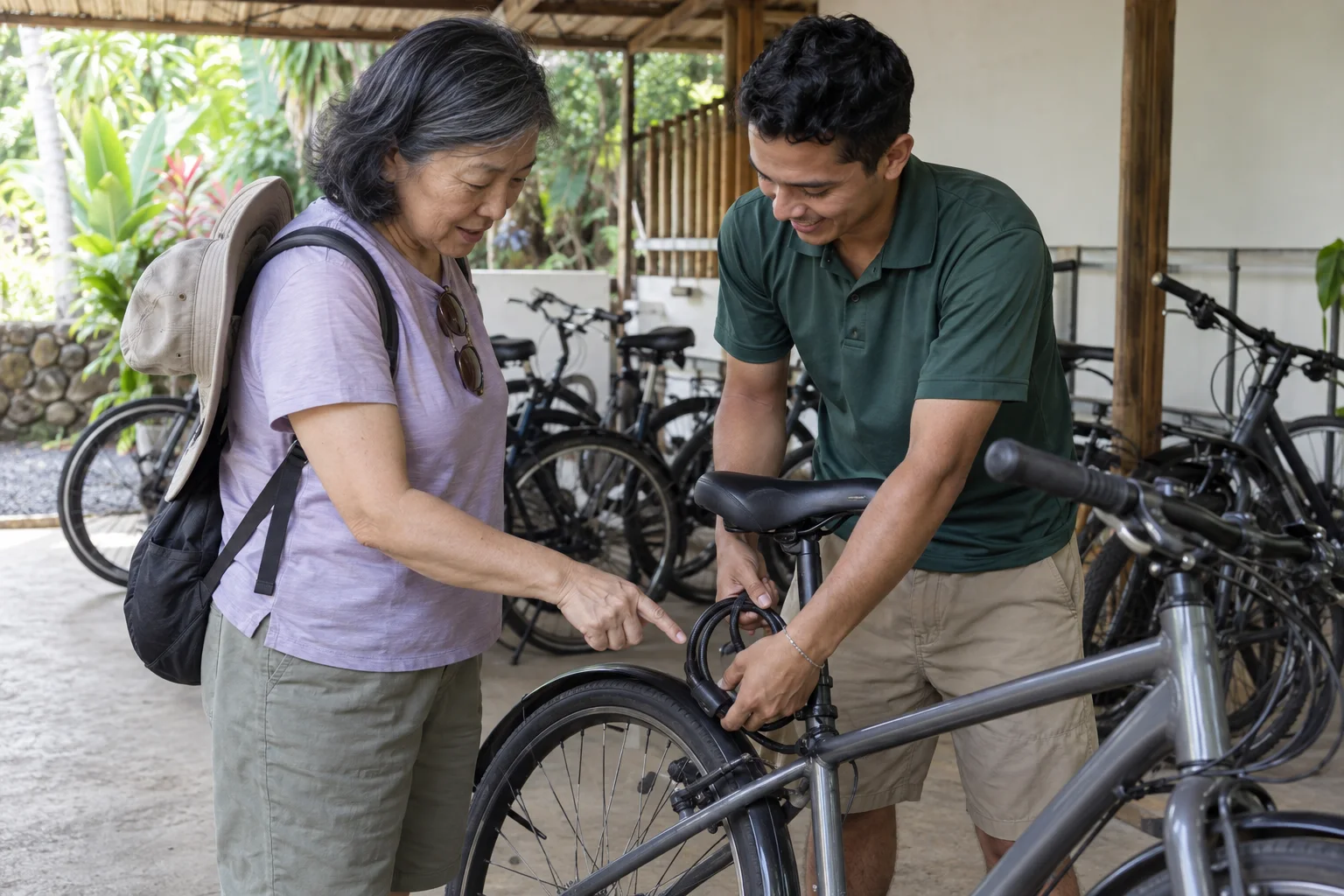 Hotel guest and staff checking a plain rental bicycle lock; illustrative scene