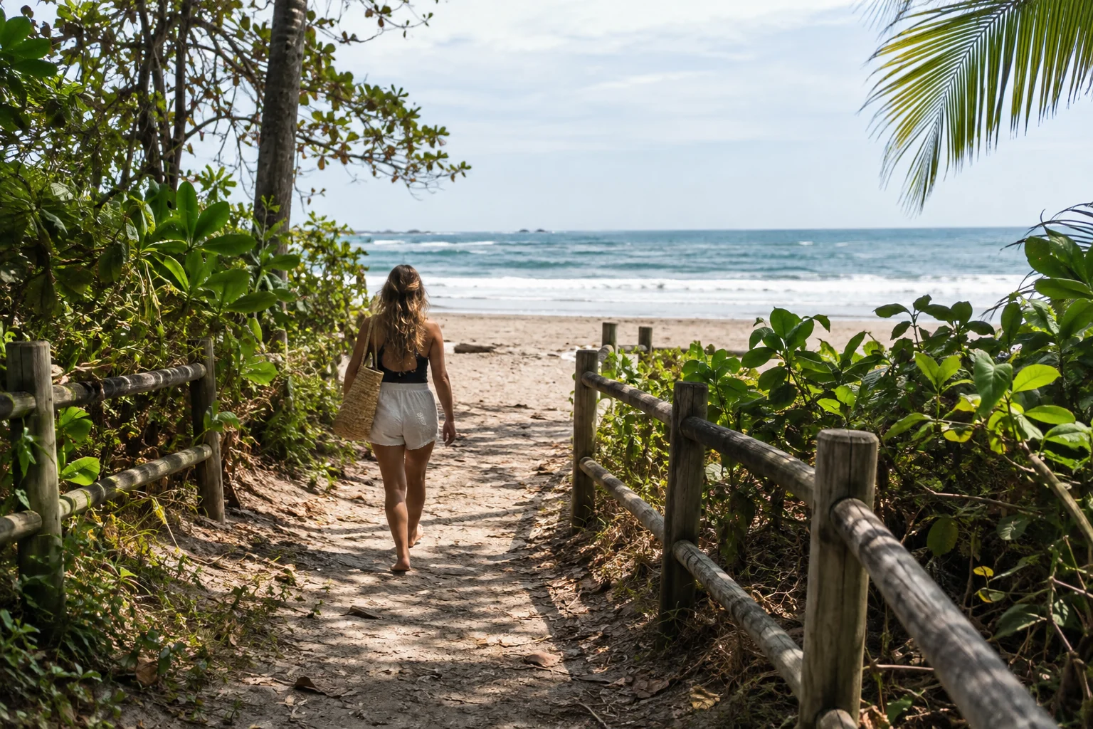 Viajero siguiendo un camino costero corto hacia la playa