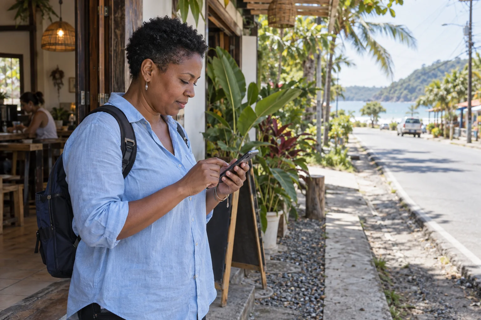 Traveler checking a cafe meeting location on a coastal road; illustrative scene