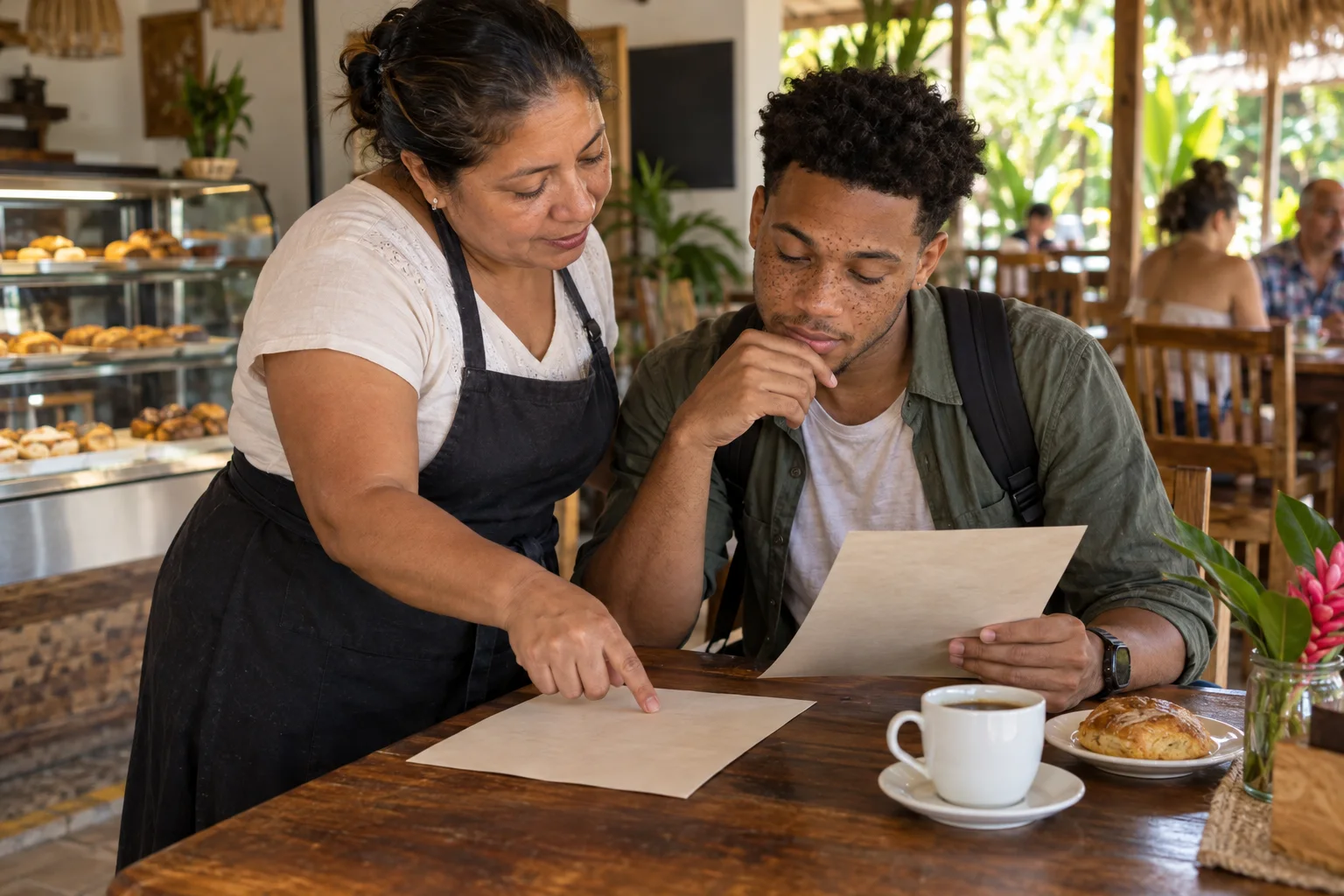 Customer and server compare generic bakery menu sections; illustrative scene, not The Bakery