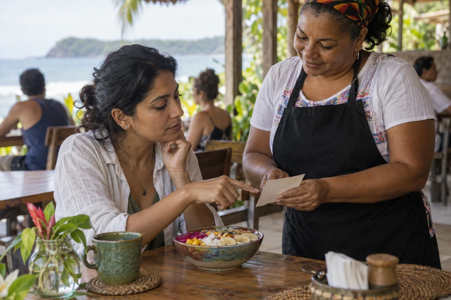 Viajera pregunta por ingredientes en una cafetería ilustrativa; no representa al personal ni el menú de Ani’s