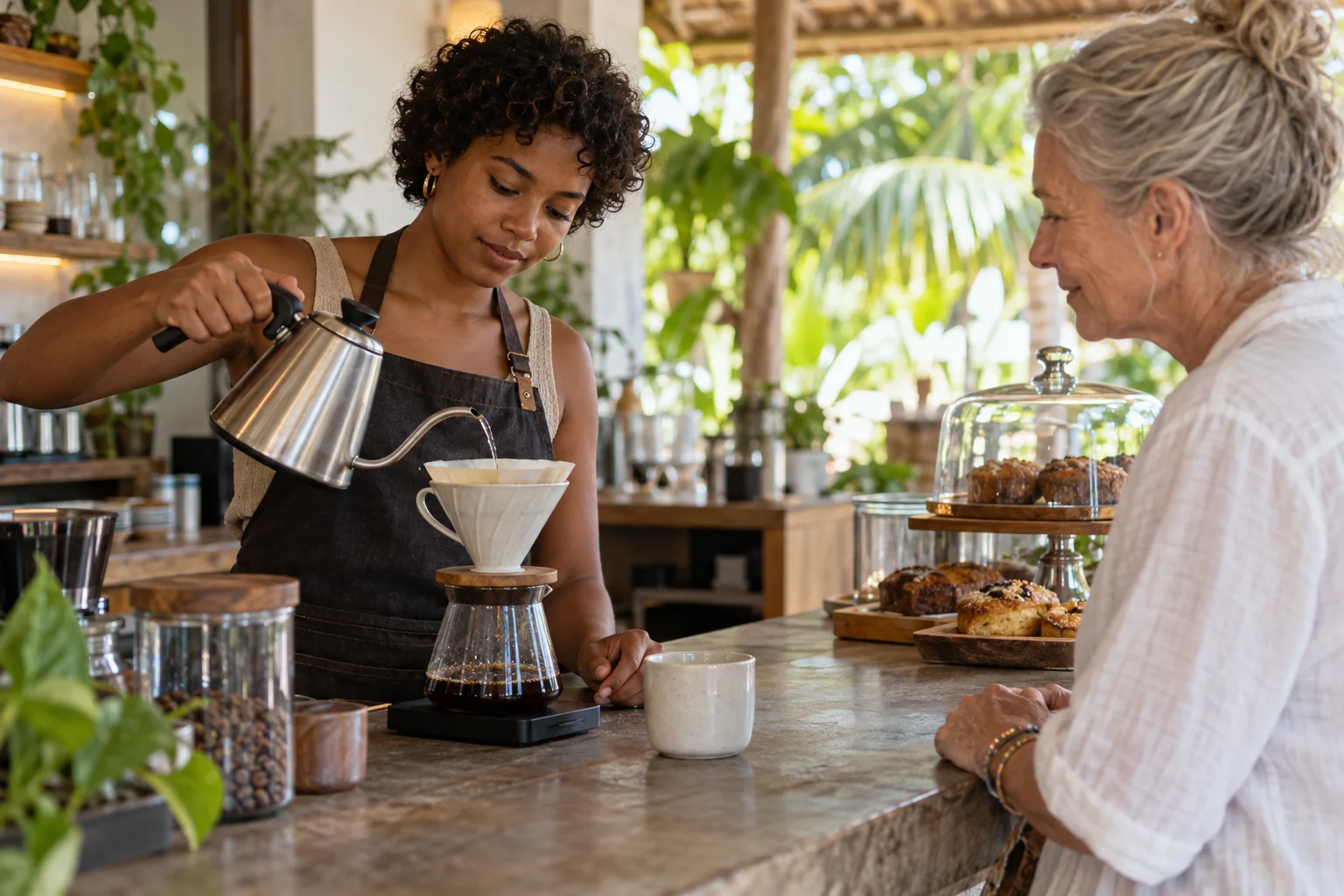 Illustrative barista preparing specialty coffee; not El Somos Cafe staff or interior