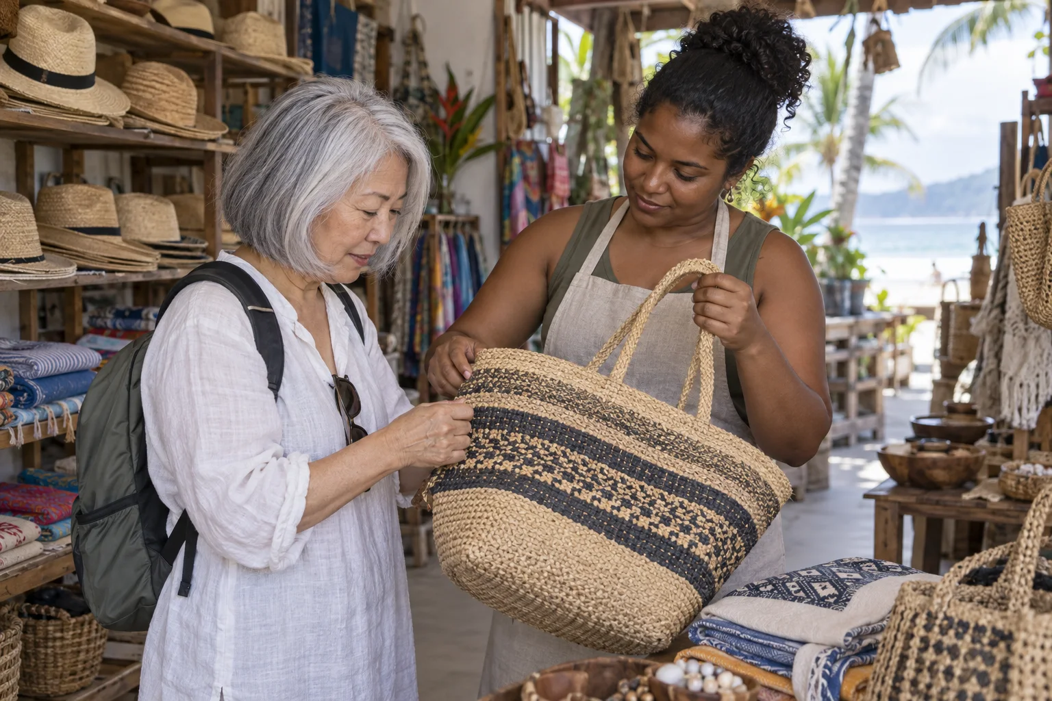 Viajera comprueba una bolsa tejida en una tienda local ilustrativa