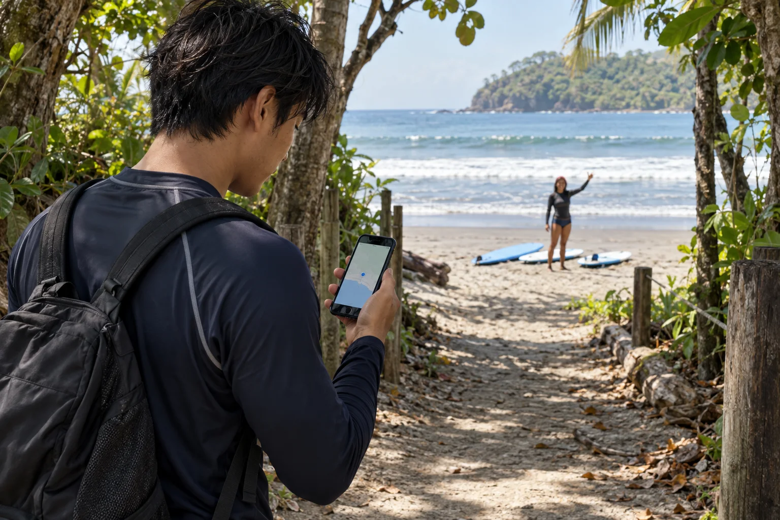 Surf student checking an illustrative beach meeting point; no board carried