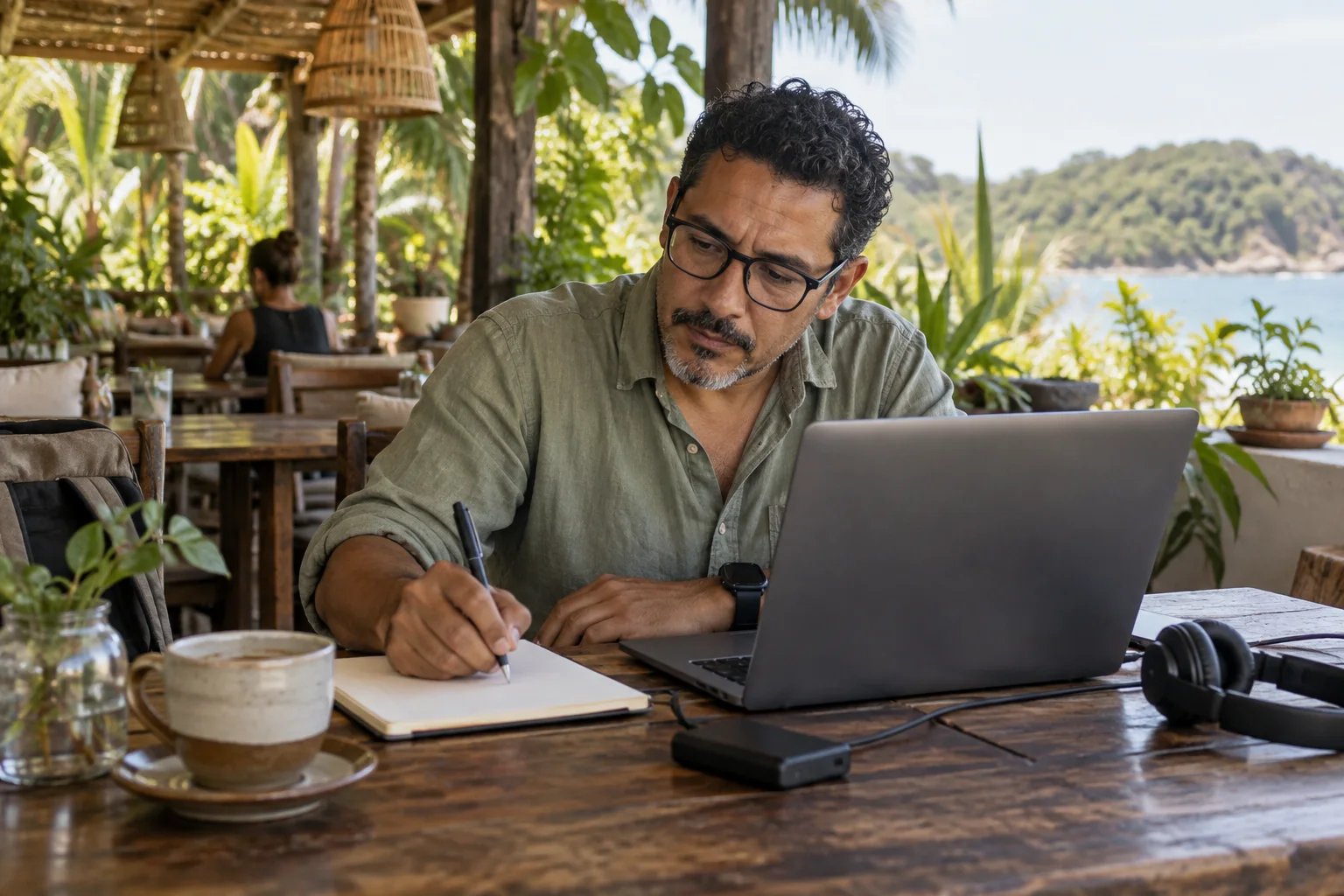 Remote worker assessing an illustrative backup work setting