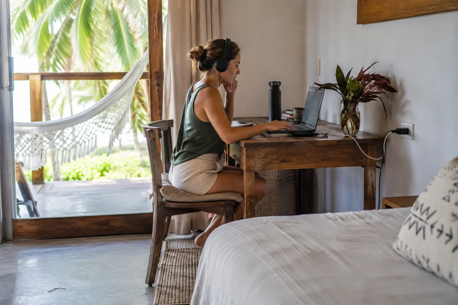 Remote worker using a headset at a private desk