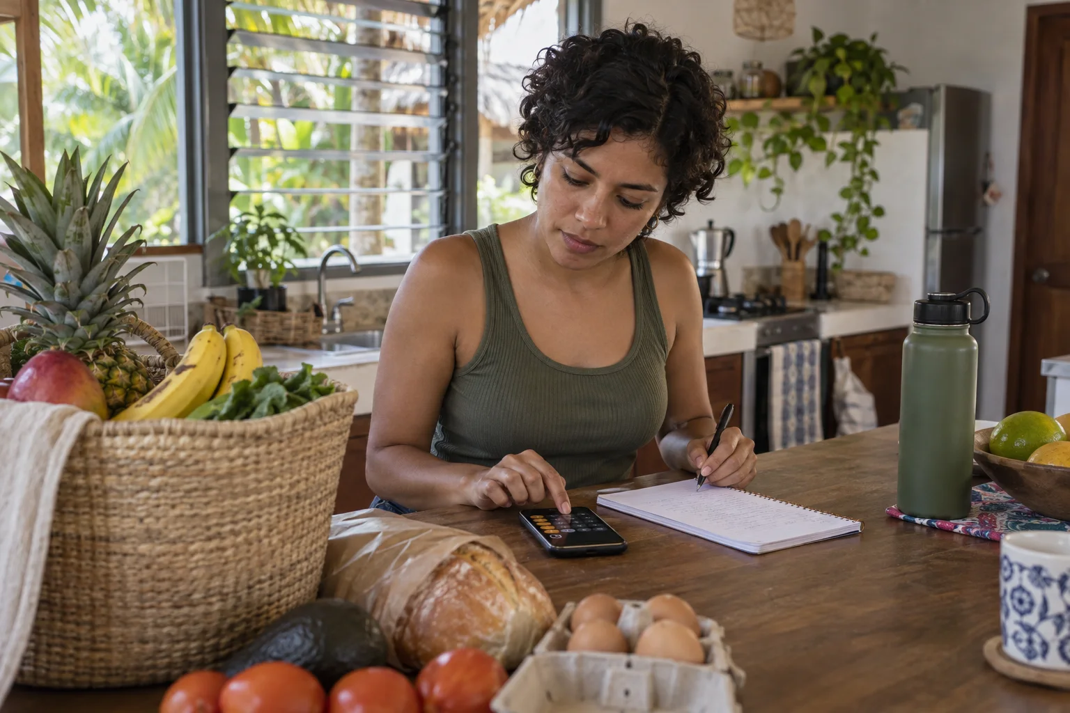 Viajera compara compra ilustrativa de alimentos con un presupuesto diario