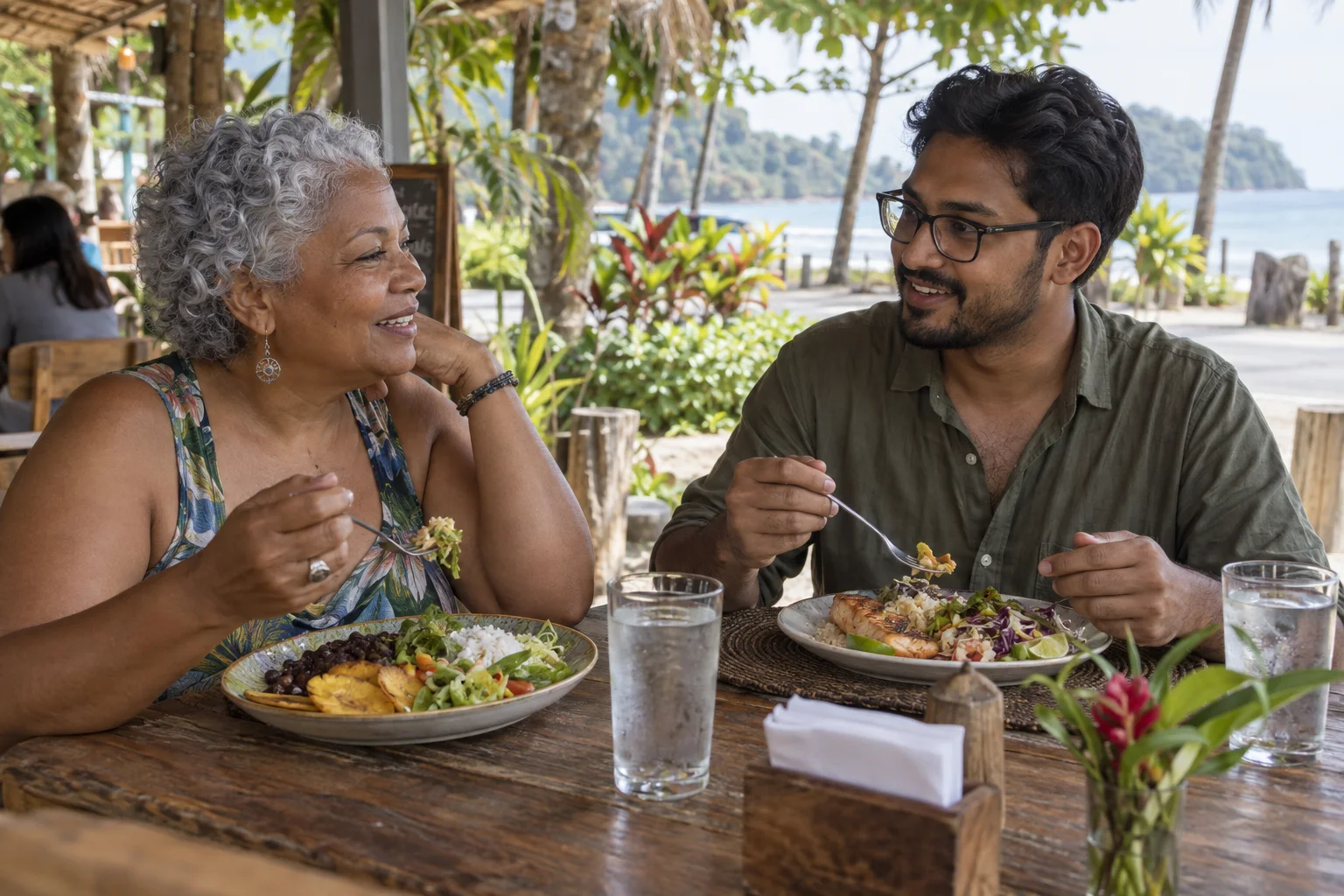 Amigos almuerzan en un local costero ilustrativo; no representa un restaurante mencionado