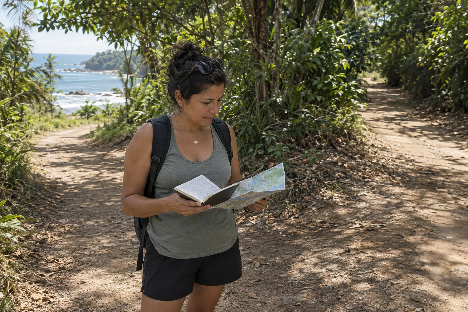 Illustrative traveler checking a coastal walking route; image does not depict a verified location in either destination