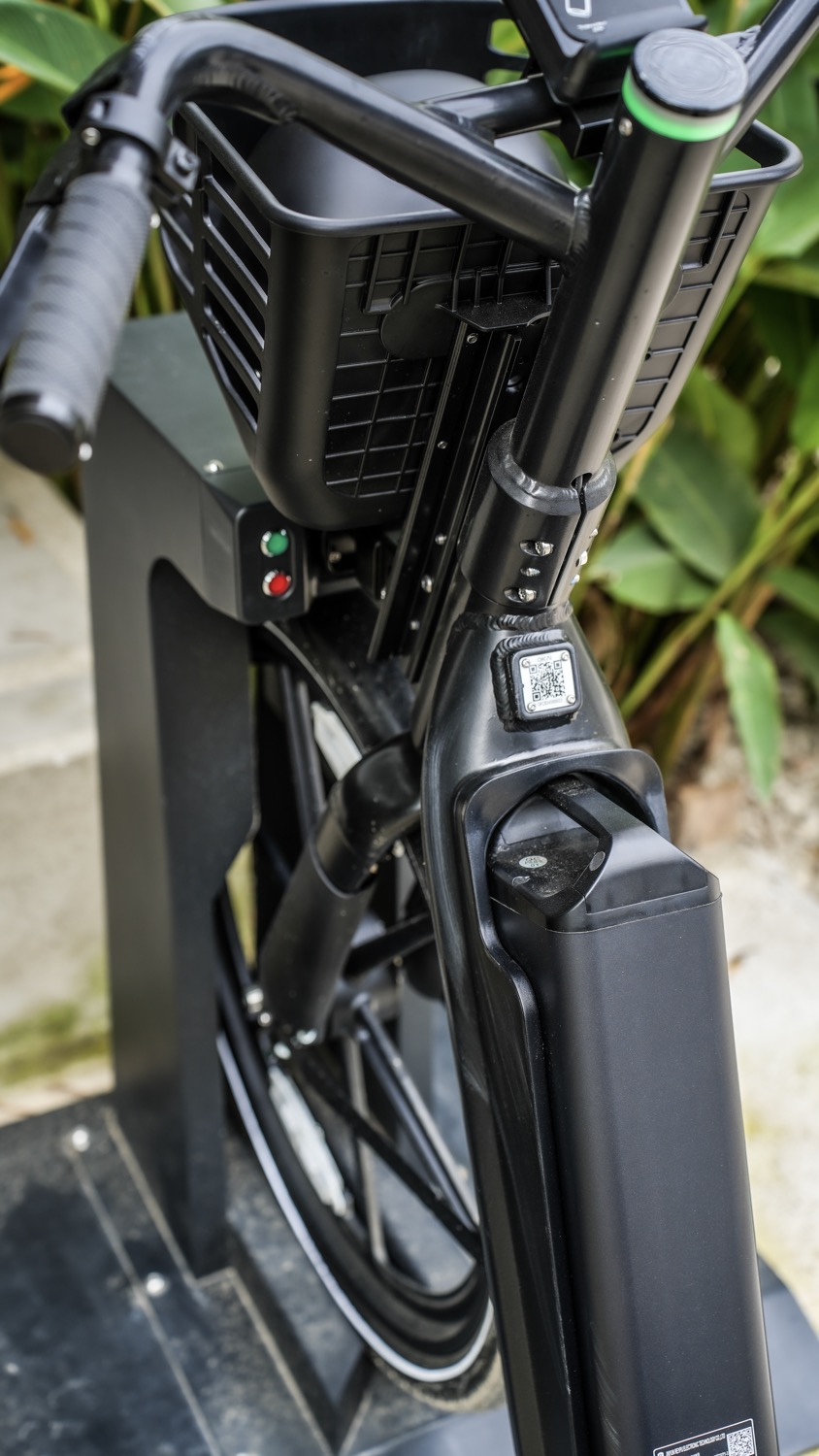 QR code and docking interface on a Bimba electric bicycle