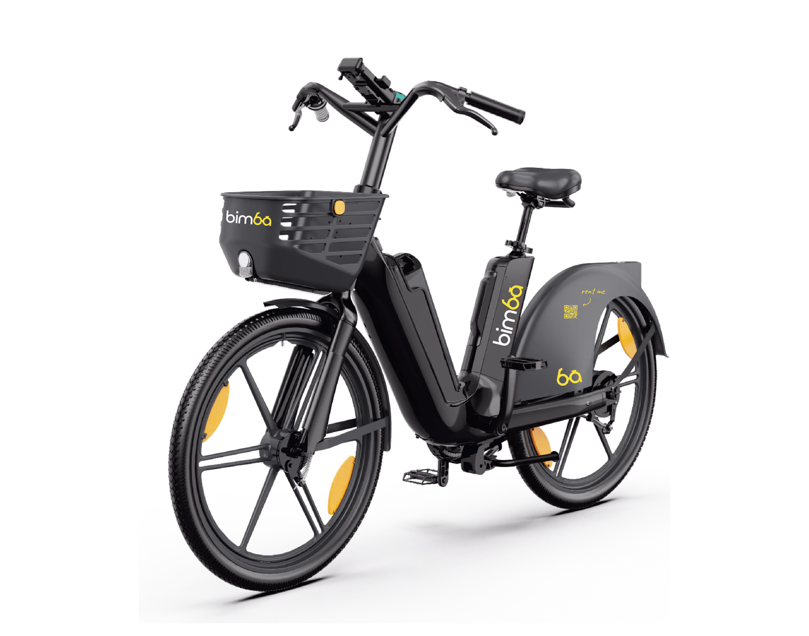 Official black Bimba electric bike with front basket and yellow Bimba branding