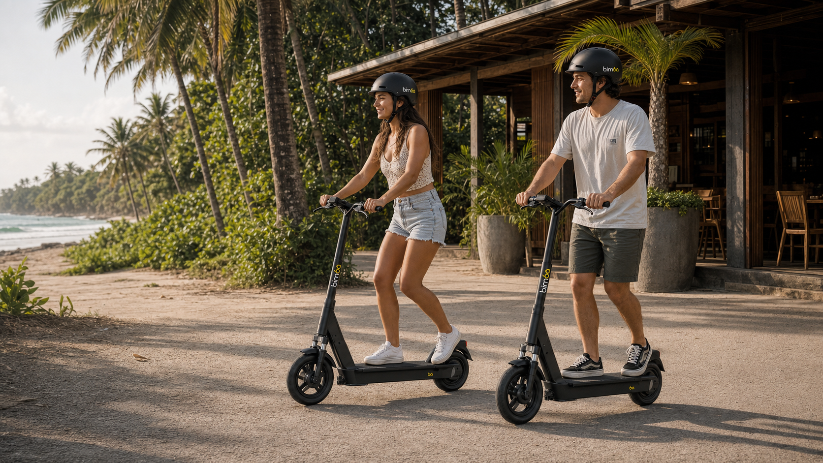 Dos personas con casco en scooters eléctricos Bimba junto a un café de playa
