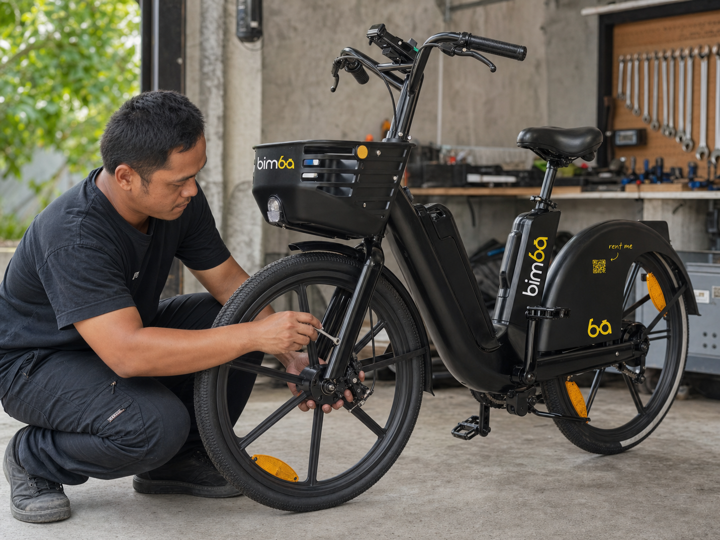 Técnico realizando mantenimiento a una bicicleta Bimba