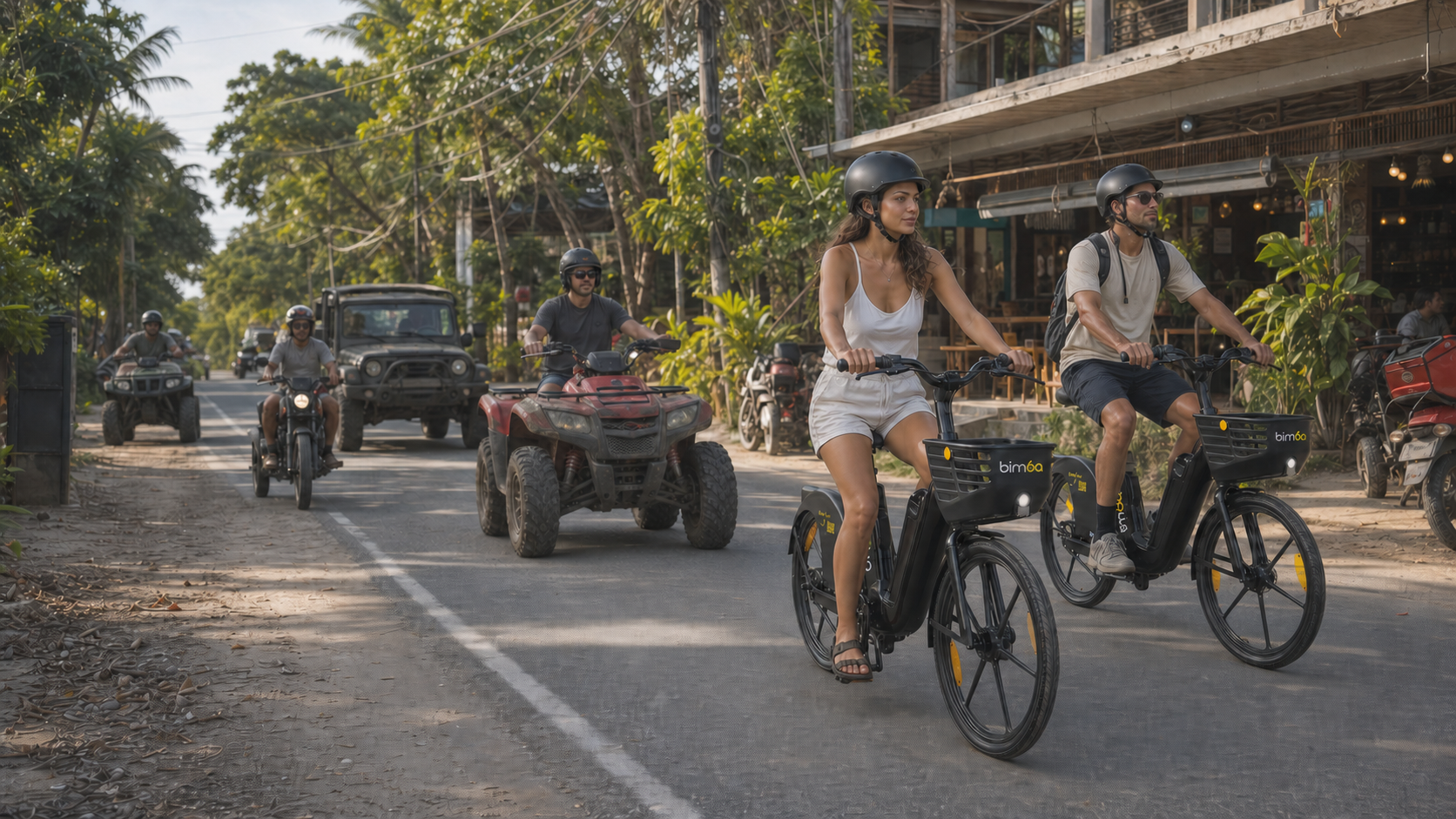 Personas en bicicletas Bimba entre vehículos en Santa Teresa